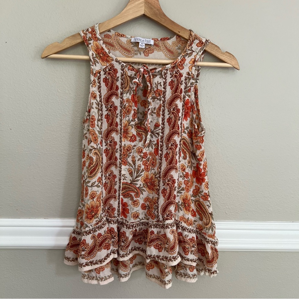 Patrons of Peace Sleeveless Orange Paisley on Beige Peplum Tank Top Blouse Sz xS